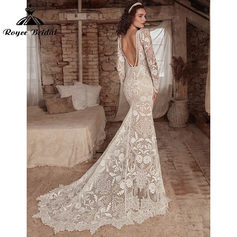 NumberSea - Mermaid Boho Bohemia Wedding Dress with Detachable Tank Long Sleeve Lace Deep V Neck Backlesss Bridal Gowns Robe De Mariée 2022