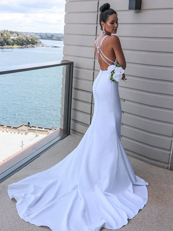 Sheath/Column Stretch Crepe V-neck Ruched Sleeveless Sweep/Brush Train Wedding Dresses