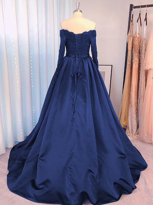 Ball Gown Satin Off-the-Shoulder Beading Long Sleeves Sweep/Brush Train Dresses