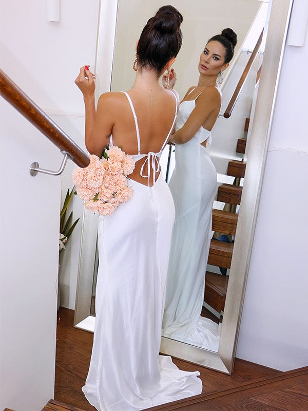 Sheath/Column Spaghetti Straps NS Elastic Woven Satin Sleeveless Ruched Sweep/Brush Train Wedding Dresses