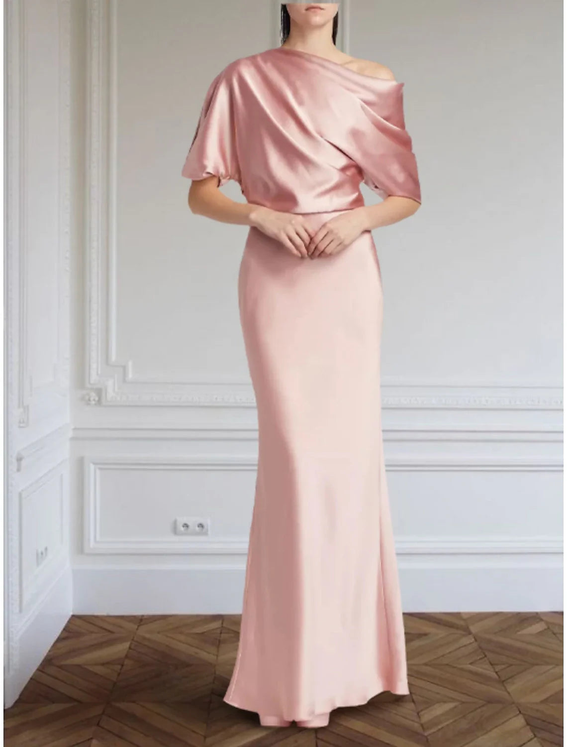 Sheath / Column Christmas Evening Gown Elegant Dress Formal Floor Length Half Sleeve Off Shoulder Satin with Pleats Ruched