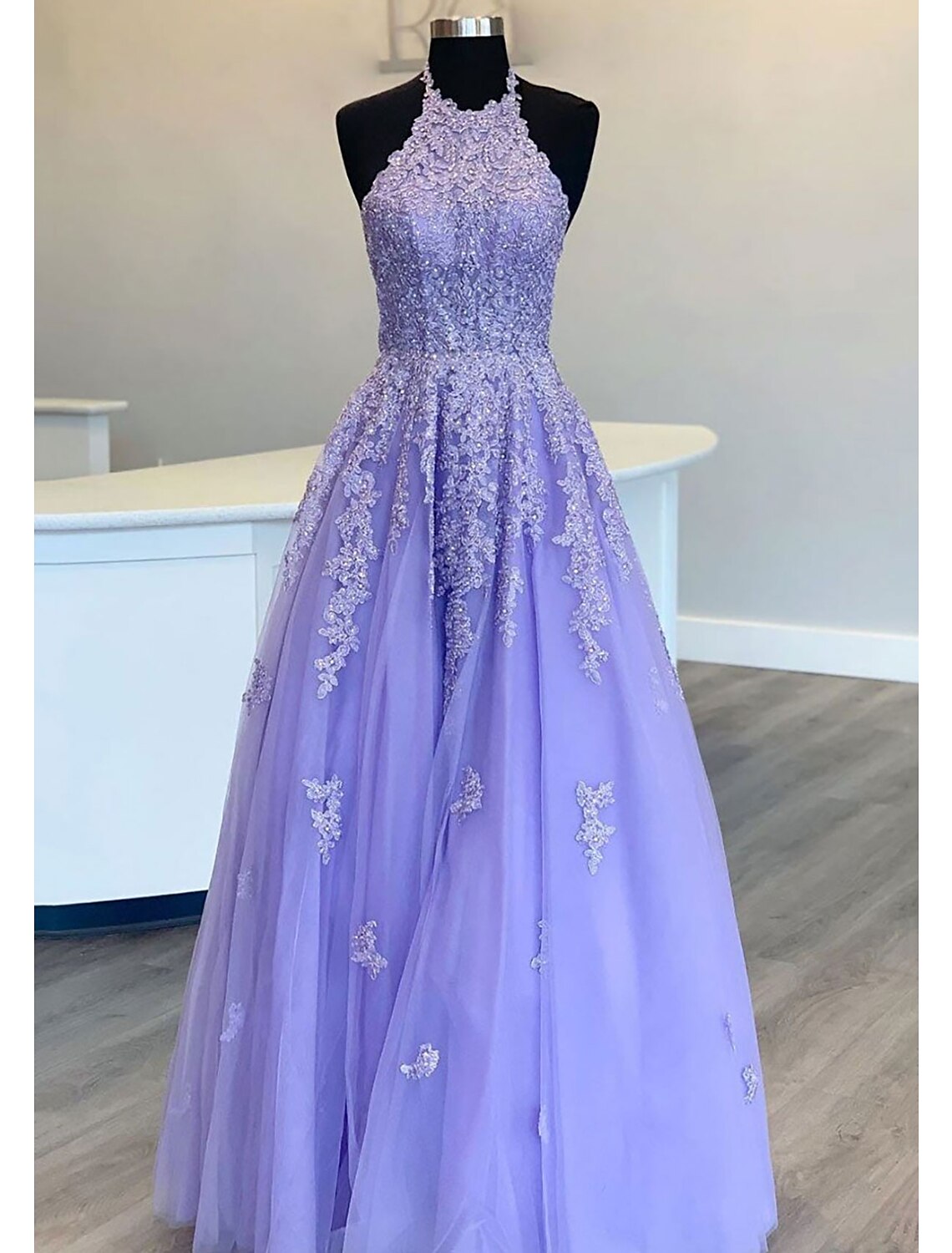 A-Line Prom Dresses Open Back Dress Formal Prom Floor Length Sleeveless High Neck Tulle Backless with Pleats Beading Appliques