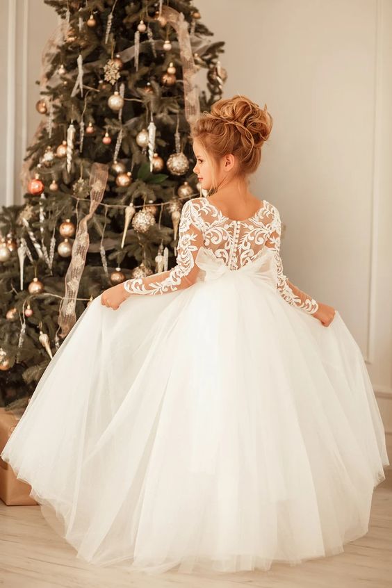 Modest Long Princess Tulle Lace Appliques flower girl dress with Sleeves