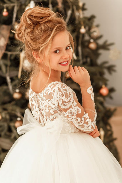 Modest Long Princess Tulle Lace Appliques flower girl dress with Sleeves