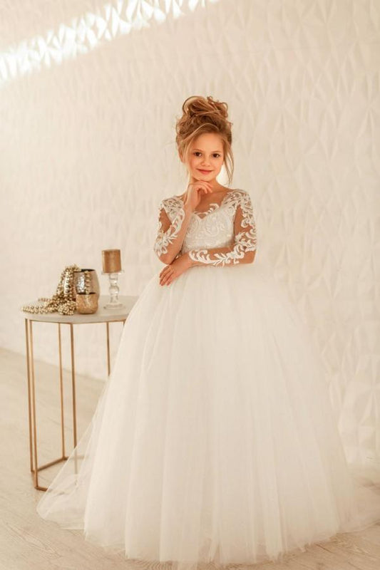 Modest Long Princess Tulle Lace Appliques flower girl dress with Sleeves