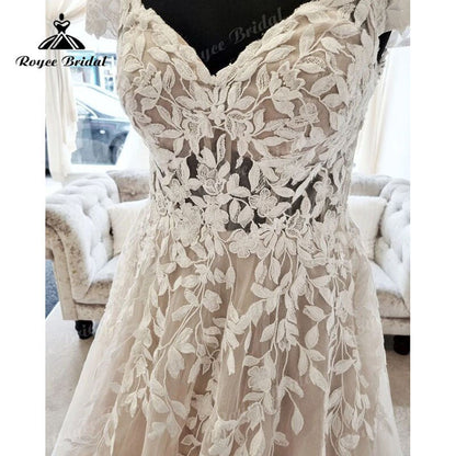 NumberSea - Modest Off the Shoulder Lace Appliques V Neck A Line Beach Wedding Dress 2025 Chic Robe Bridal Gown for Women Custom Made