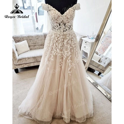 NumberSea - Modest Off the Shoulder Lace Appliques V Neck A Line Beach Wedding Dress 2025 Chic Robe Bridal Gown for Women Custom Made