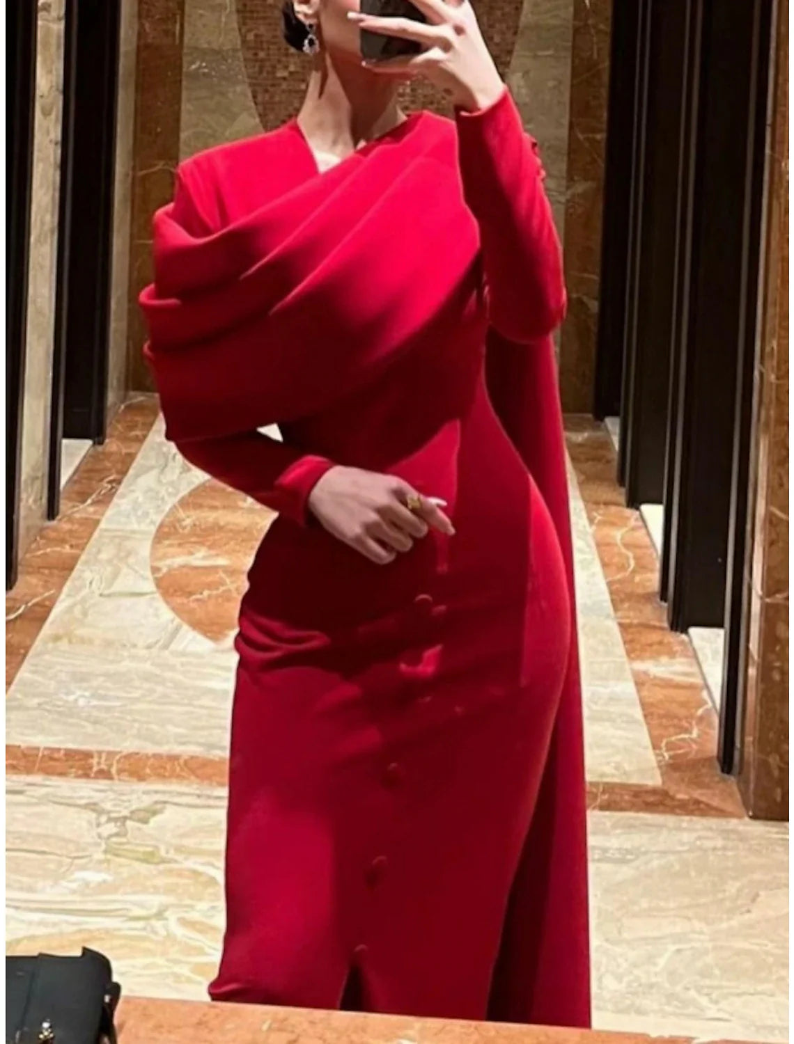 Sheath / Column Red Black Christmas Red Green Dress Evening Gown Elegant Cape Dress Formal Fall Sweep / Brush Train Long Sleeve Cowl Neck Stretch Fabric with Buttons Slit