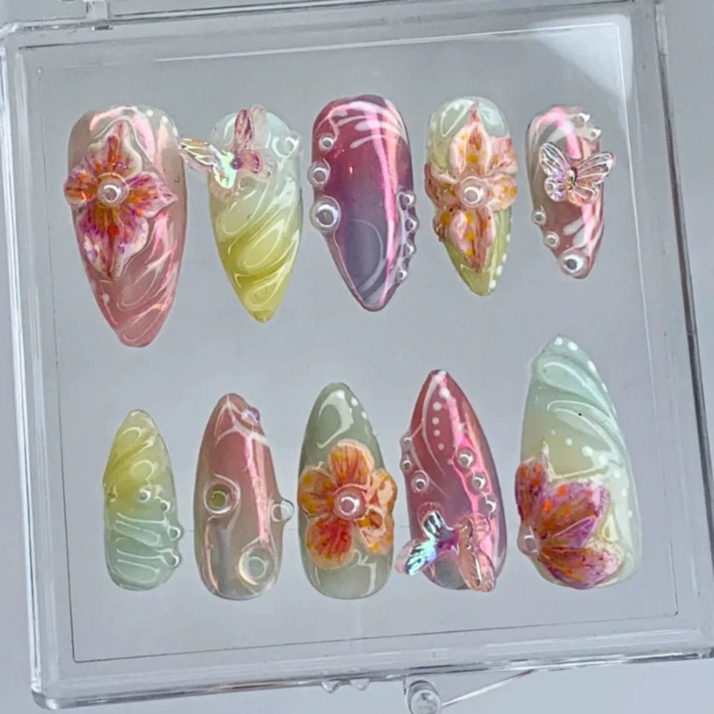 NumberSea - MXYIYANR Press On Nails 3D Butterfly & Flower Medium Almond