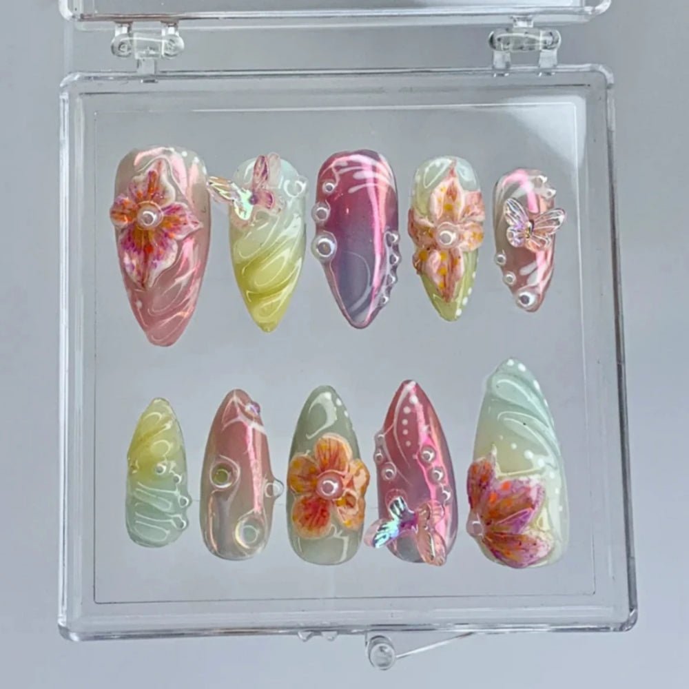 NumberSea - MXYIYANR Press On Nails 3D Butterfly & Flower Medium Almond