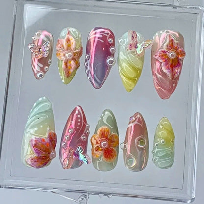 NumberSea - MXYIYANR Press On Nails 3D Butterfly & Flower Medium Almond