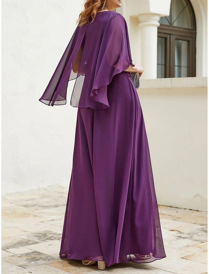 Wedding Guest Elegant V Neck Floor Length Chiffon Half Sleeve with Beading Mother of the Bride Dress