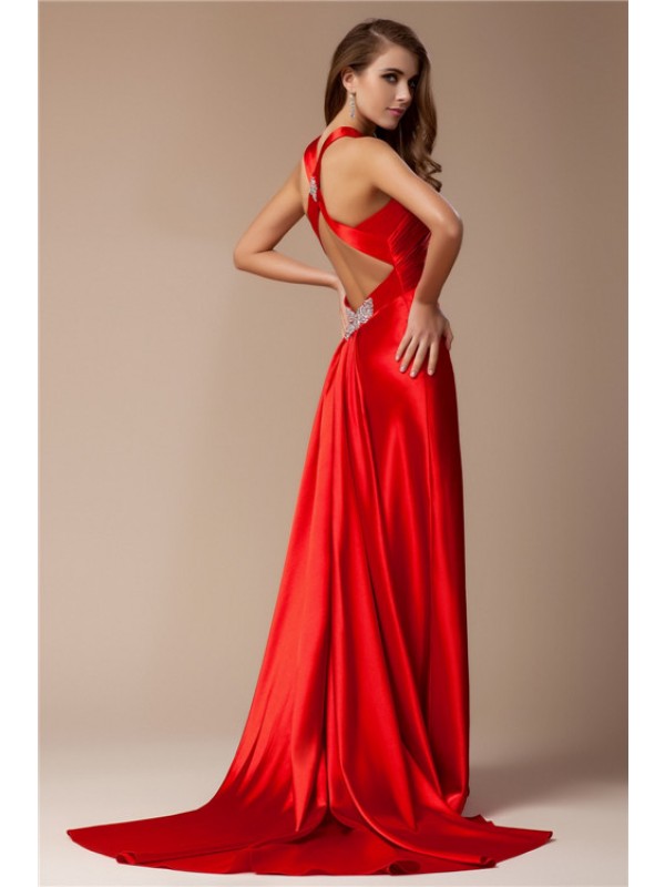 Sheath/Column V-neck Sleeveless Long Elastic Woven Satin Dresses