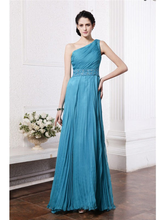 Sheath/Column One-Shoulder Sleeveless Beading Pleats Long Chiffon Bridesmaid Dresses