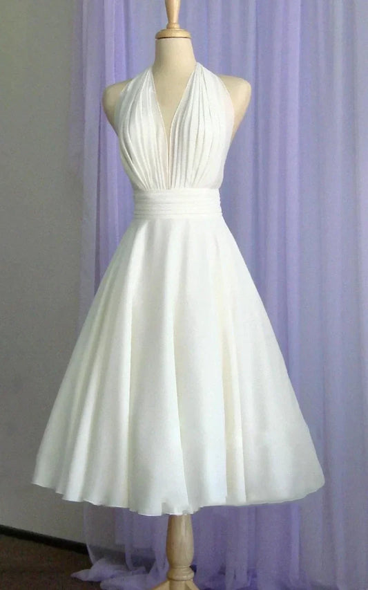 Wedding Dress Vintage Tea-Length Chiffon With Halter Neck and Bow