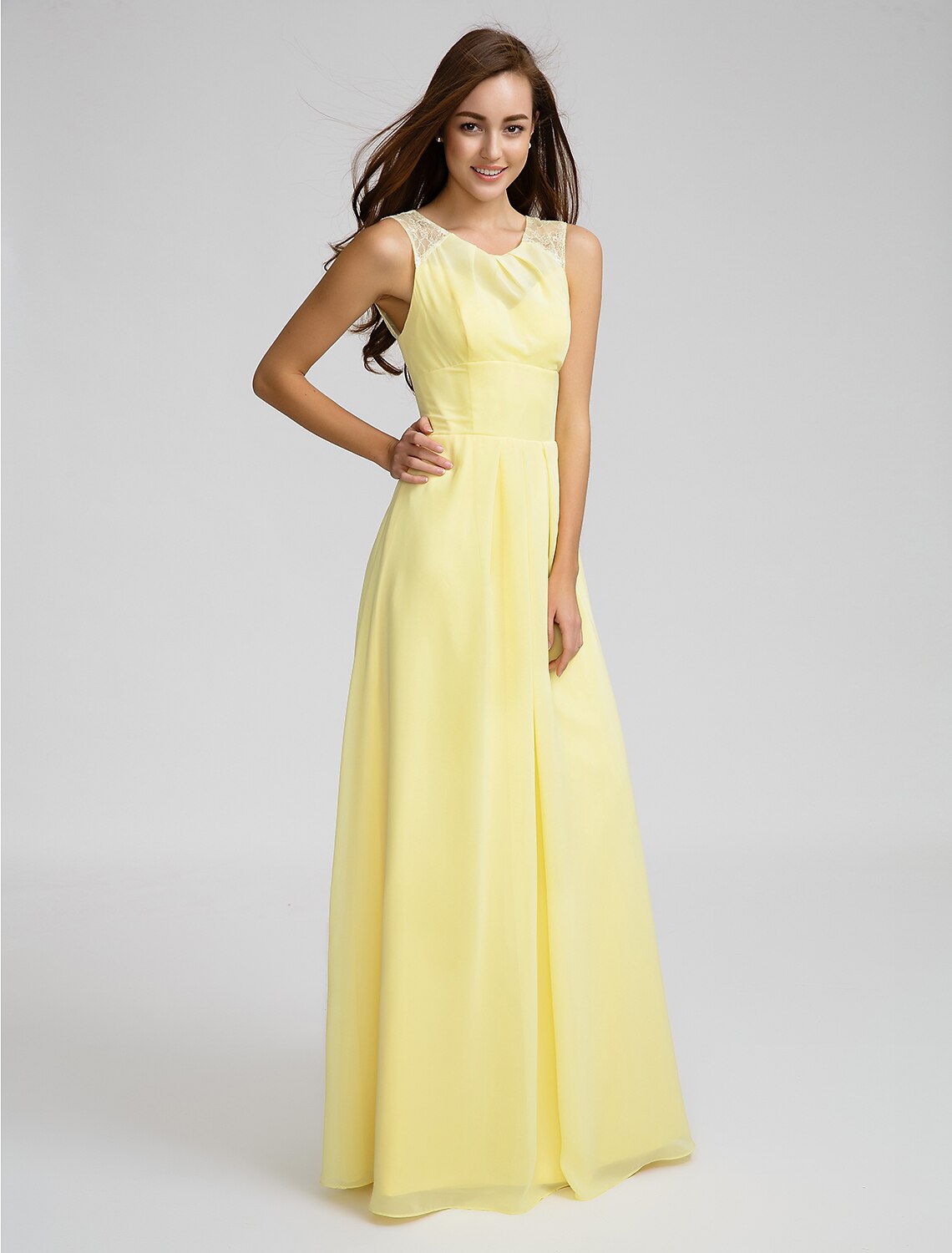 Sheath / Column Jewel Neck Floor Length Chiffon Bridesmaid Dress with Lace