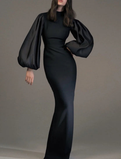 Sheath / Column Minimalist Elegant Wedding Guest Formal Evening Dress High Neck Long Sleeve Floor Length Spandex with Sleek