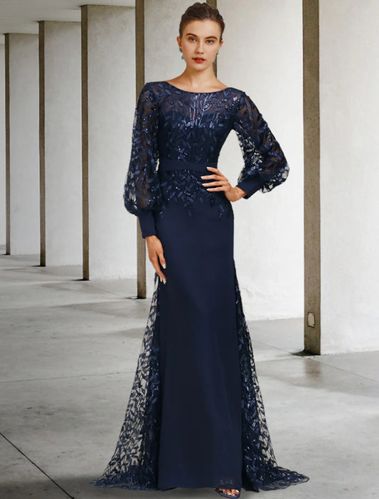 Wedding Guest Elegant Vintage Jewel Neck Train Chiffon Lace Long Sleeve with Sequin Ruffles Mother of the Bride Dress