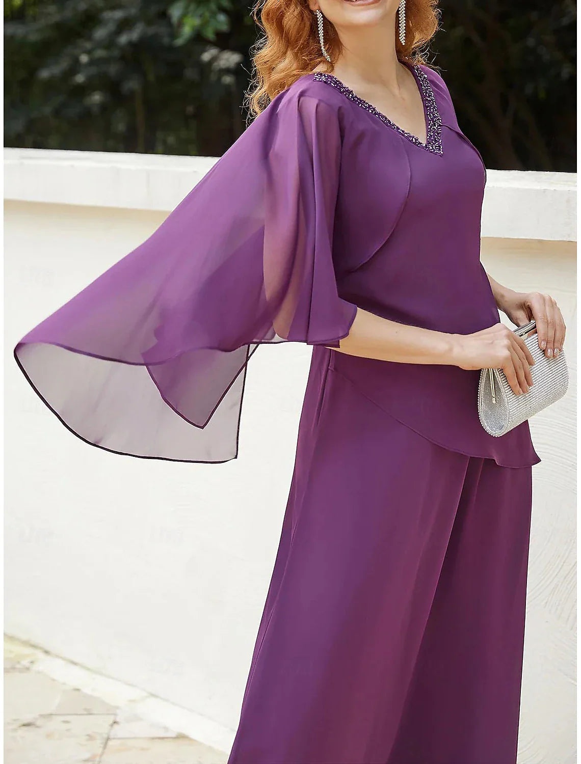 Wedding Guest Elegant V Neck Floor Length Chiffon Half Sleeve with Beading Mother of the Bride Dress