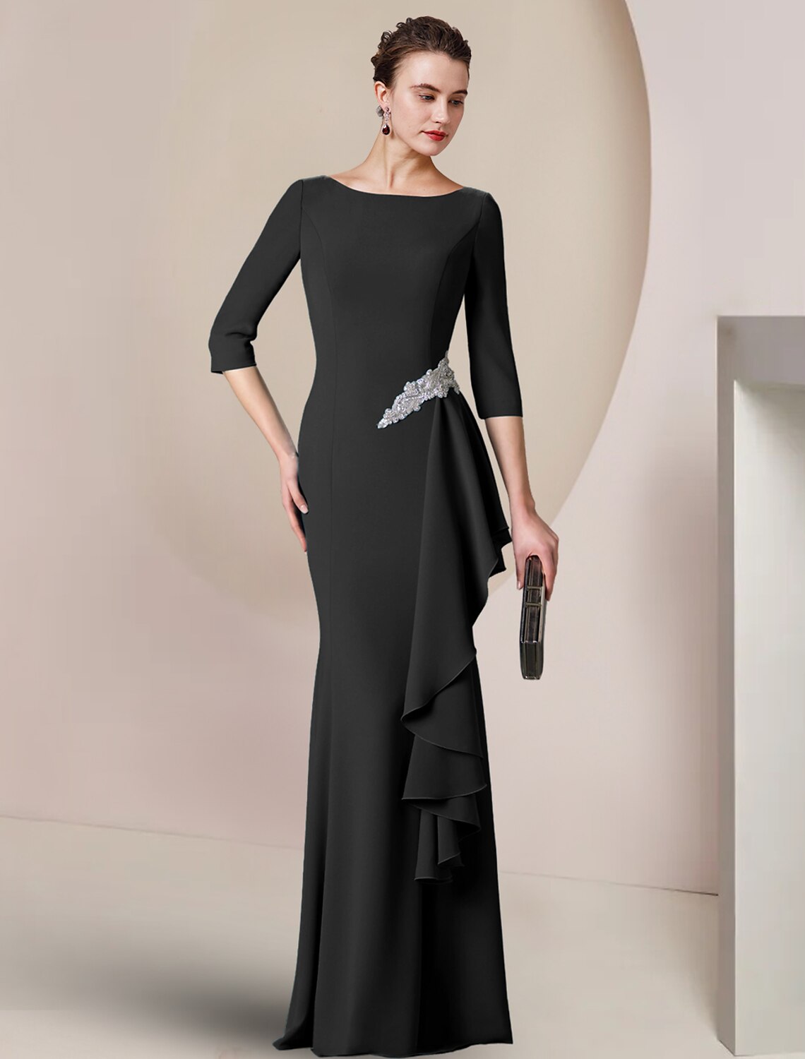 Sheath / Column Mother of the Bride Dress Wedding Guest Party Elegant Scoop Neck Floor Length Stretch Fabric 3/4 Length Sleeve with Crystal Brooch Ruching