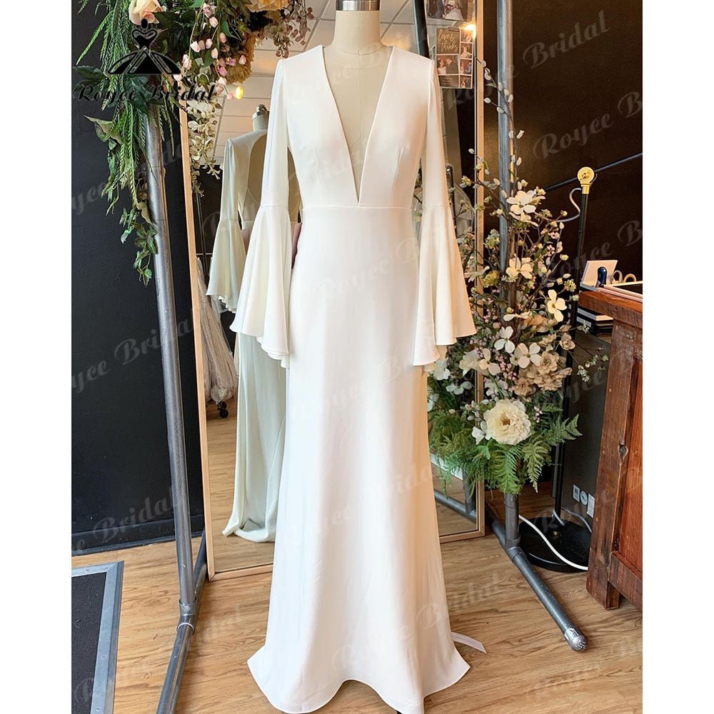 NumberSea - Noiva Vestido Plunging Soft Satin Long Sleeve Deep V Neck Backless Wedding Gown for Women Wedding Reception Dress for Bride 2025