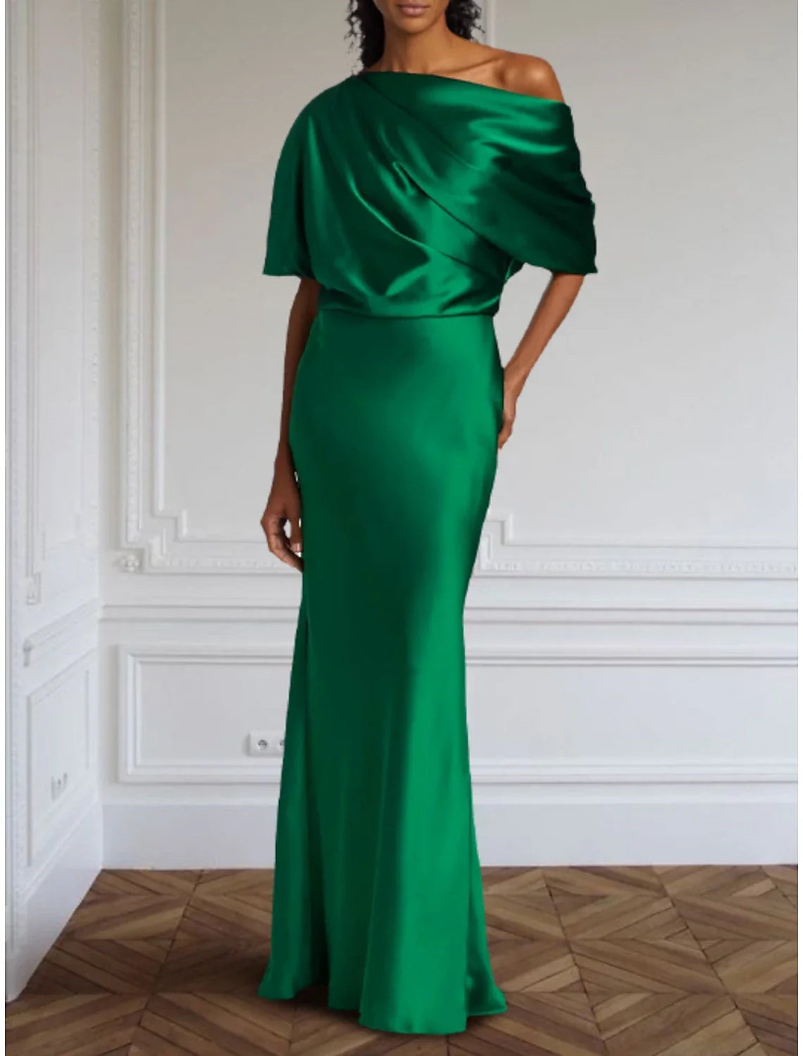 Sheath / Column Christmas Evening Gown Elegant Dress Formal Floor Length Half Sleeve Off Shoulder Satin with Pleats Ruched