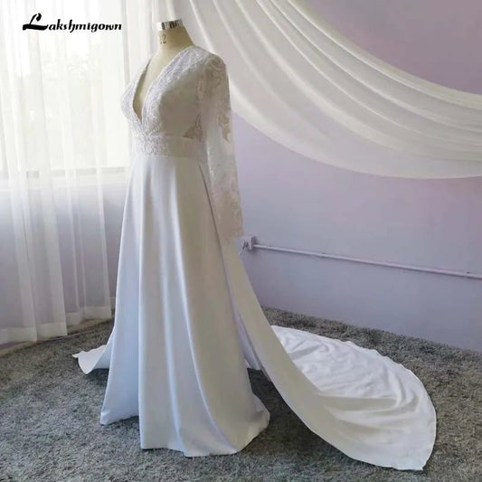 NumberSea - NumberSea 2020 Long White Lace A - line Wedding Dresses Bridal Gowns with see - through long sleeves vestido de noiva real photos