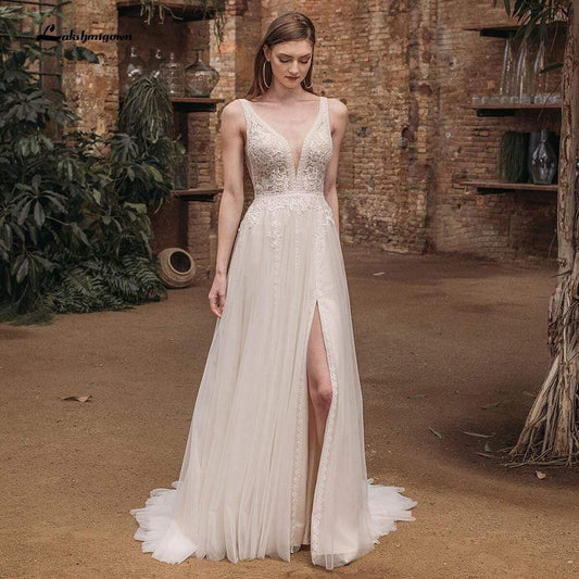 NumberSea - NumberSea 2021 Beach Boho Deep V Neck Sleeveless Sexy High Split Lace Wedding Dresses