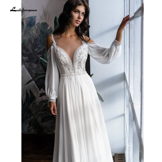 NumberSea - NumberSea 2021 Long Sleeve Off Shoulder Spaghetti Straps Deep V Neck Wedding Dresses Lace Chiffon Bohemian stylerobe de mariée fille