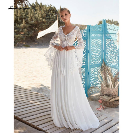 NumberSea - NumberSea 2021 V Neck Lace Chiffon Bohemia Style Backless V Shape Back Wedding Dresses Flare Sleeve A Line Boho vestido para boda playa