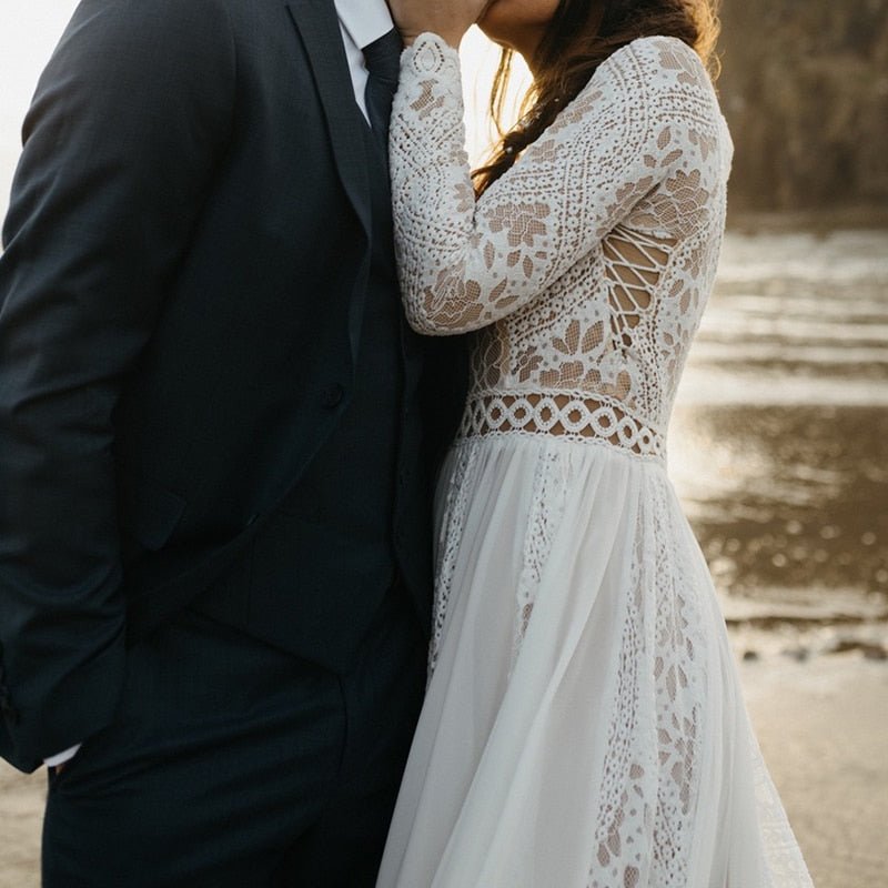 NumberSea - NumberSea 2022 Beach Boho Elopement Photoshoot Wedding Dress V Neck Lace Chiffon A Line Seaside Long Sleeve Big Sizes Bridal Gown