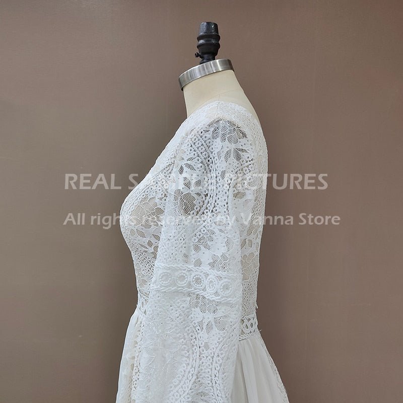 NumberSea - NumberSea 2022 Beach Boho Elopement Photoshoot Wedding Dress V Neck Lace Chiffon A Line Seaside Long Sleeve Big Sizes Bridal Gown