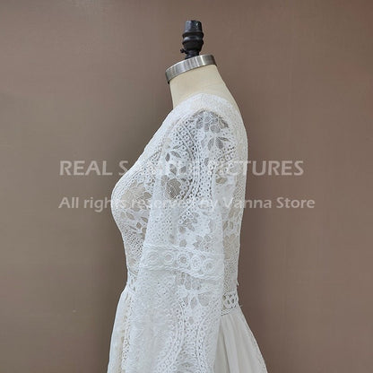 NumberSea - NumberSea 2022 Beach Boho Elopement Photoshoot Wedding Dress V Neck Lace Chiffon A Line Seaside Long Sleeve Big Sizes Bridal Gown