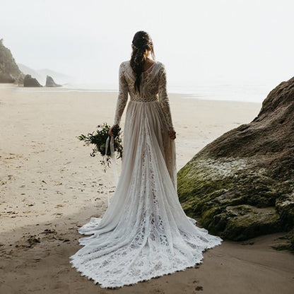 NumberSea - NumberSea 2022 Beach Boho Elopement Photoshoot Wedding Dress V Neck Lace Chiffon A Line Seaside Long Sleeve Big Sizes Bridal Gown