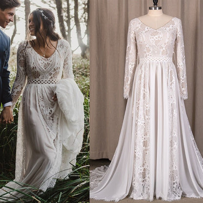 NumberSea - NumberSea 2022 Beach Boho Elopement Photoshoot Wedding Dress V Neck Lace Chiffon A Line Seaside Long Sleeve Big Sizes Bridal Gown