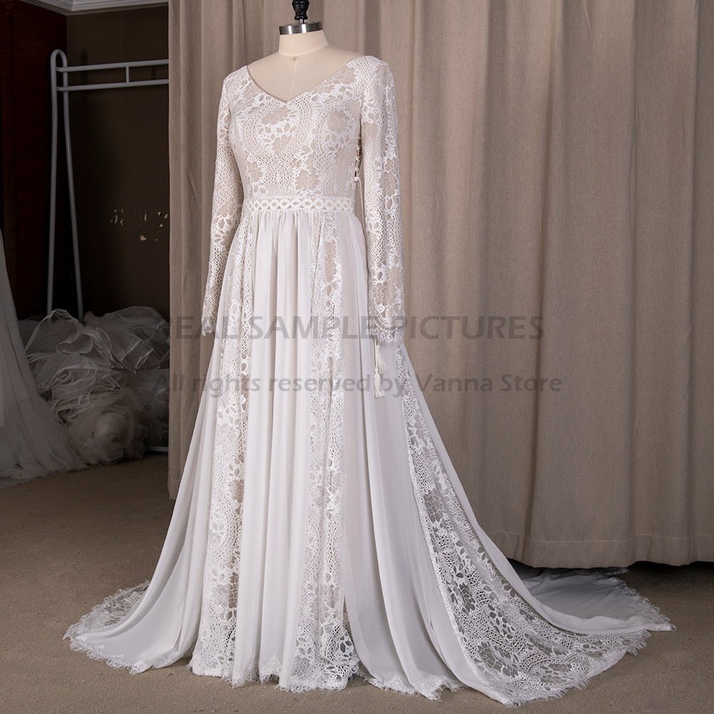 NumberSea - NumberSea 2022 Beach Boho Elopement Photoshoot Wedding Dress V Neck Lace Chiffon A Line Seaside Long Sleeve Big Sizes Bridal Gown