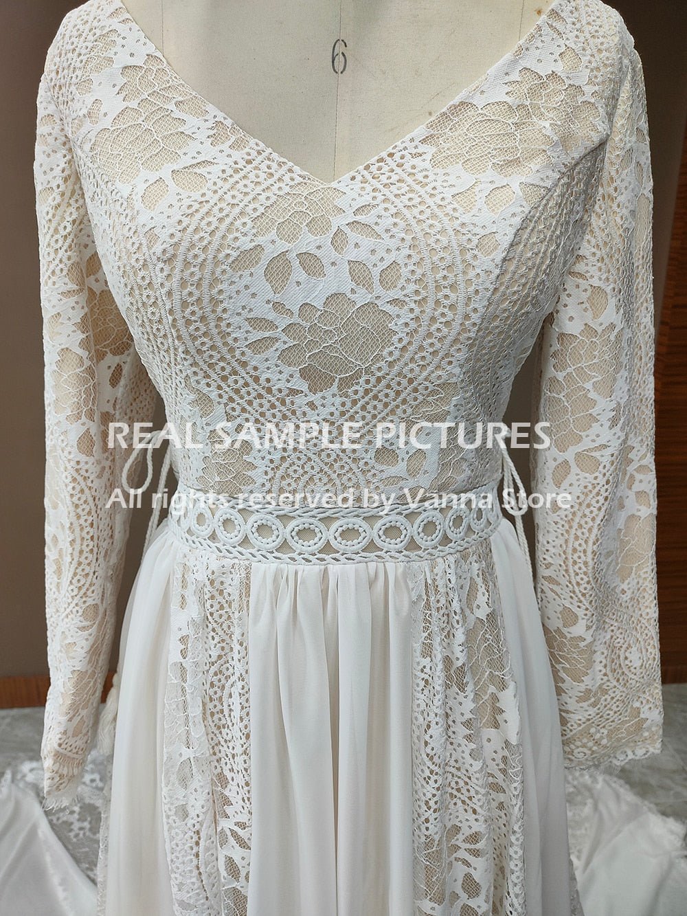 NumberSea - NumberSea 2022 Beach Boho Elopement Photoshoot Wedding Dress V Neck Lace Chiffon A Line Seaside Long Sleeve Big Sizes Bridal Gown