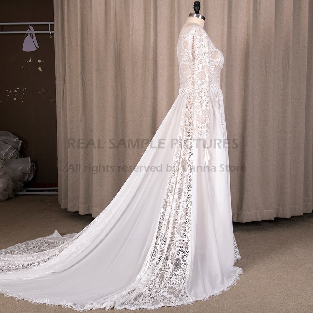 NumberSea - NumberSea 2022 Beach Boho Elopement Photoshoot Wedding Dress V Neck Lace Chiffon A Line Seaside Long Sleeve Big Sizes Bridal Gown