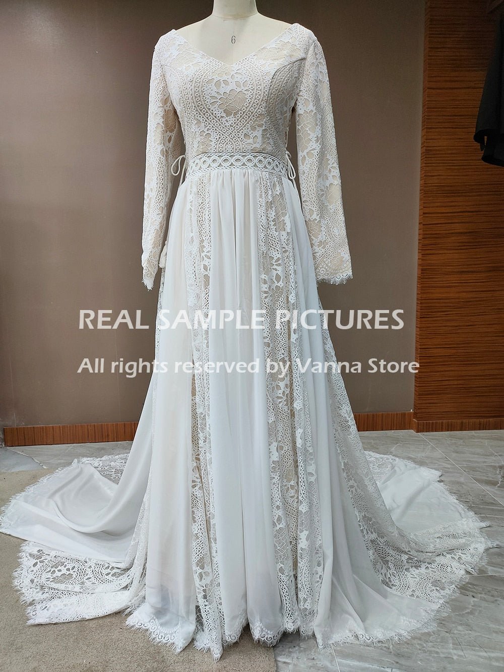 NumberSea - NumberSea 2022 Beach Boho Elopement Photoshoot Wedding Dress V Neck Lace Chiffon A Line Seaside Long Sleeve Big Sizes Bridal Gown