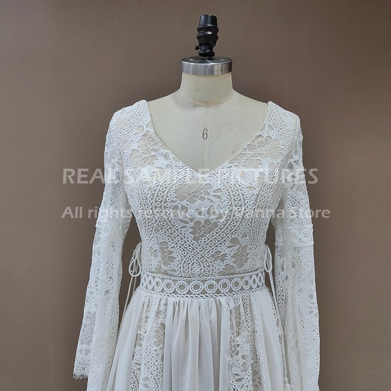 NumberSea - NumberSea 2022 Beach Boho Elopement Photoshoot Wedding Dress V Neck Lace Chiffon A Line Seaside Long Sleeve Big Sizes Bridal Gown