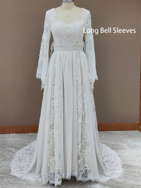 NumberSea - NumberSea 2022 Beach Boho Elopement Photoshoot Wedding Dress V Neck Lace Chiffon A Line Seaside Long Sleeve Big Sizes Bridal Gown