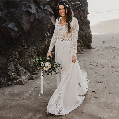 NumberSea - NumberSea 2022 Beach Boho Elopement Photoshoot Wedding Dress V Neck Lace Chiffon A Line Seaside Long Sleeve Big Sizes Bridal Gown