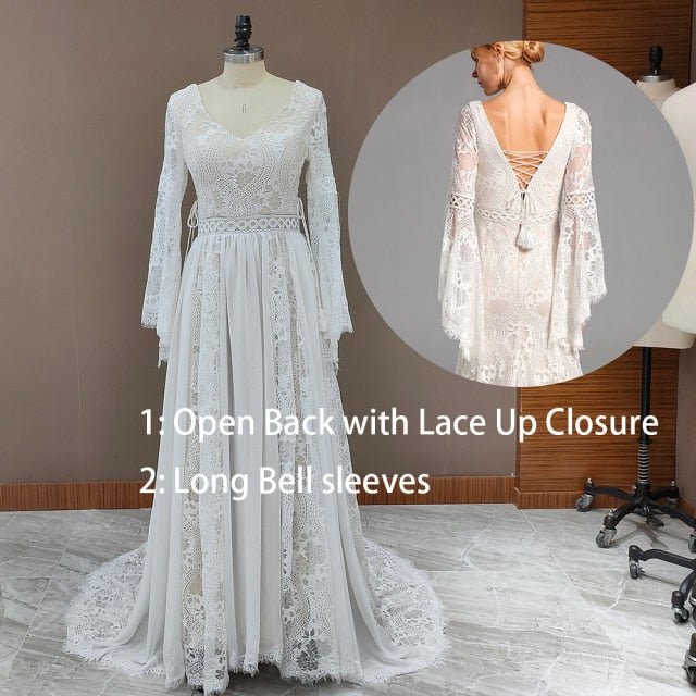 NumberSea - NumberSea 2022 Beach Boho Elopement Photoshoot Wedding Dress V Neck Lace Chiffon A Line Seaside Long Sleeve Big Sizes Bridal Gown