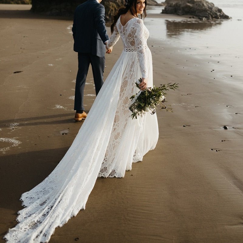 NumberSea - NumberSea 2022 Beach Boho Elopement Photoshoot Wedding Dress V Neck Lace Chiffon A Line Seaside Long Sleeve Big Sizes Bridal Gown