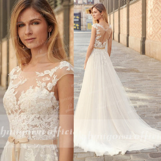 NumberSea - NumberSea 2022 Country Boho Wedding Dress For Women robe de mariée A Line Lace Tulle Wedding Gowns Open Back Off White New Real Photo