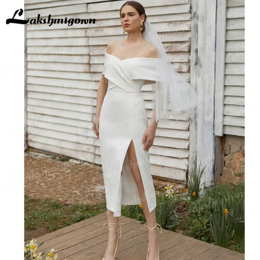 NumberSea - NumberSea 2022 New Arrival Simple Satin Short Wedding Dress Long Sexy Sleeve Beautiful Atmosphere Creasing Slim Wedding Gown