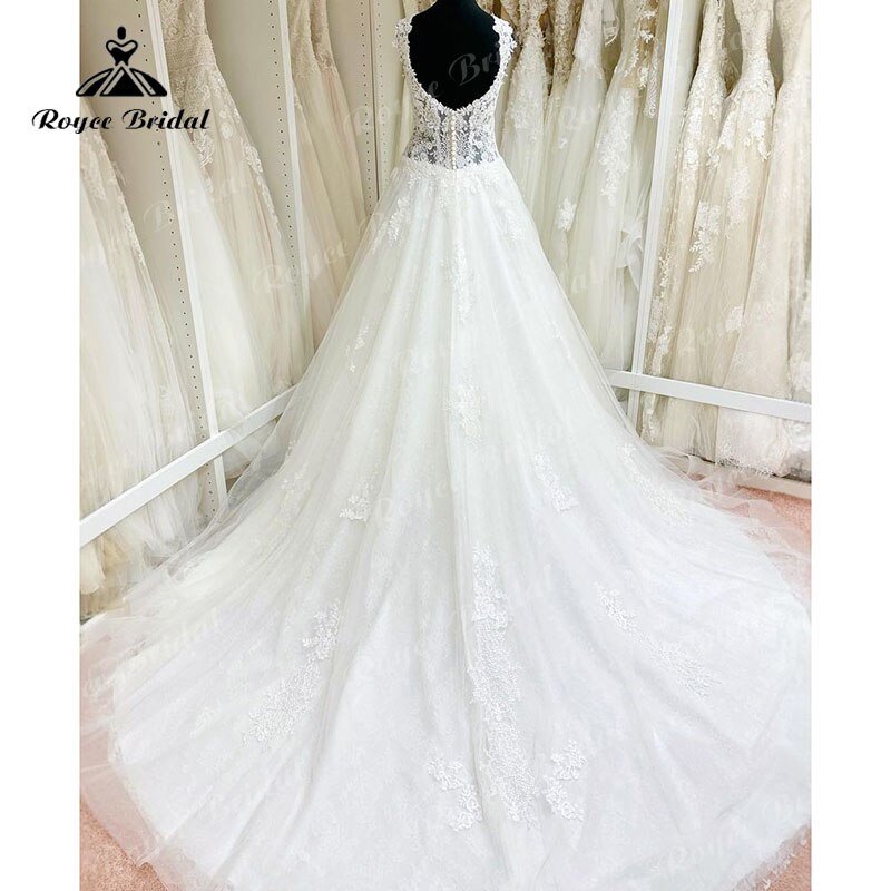 NumberSea - NumberSea 2022 Robe Mariee A Line Wedding Dress V Neck Lace Applique Backless Court Tank Bridal Gown vestido de noiva praiano Custom Made