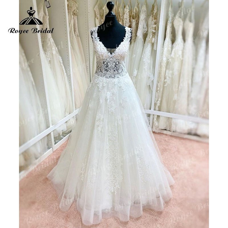 NumberSea - NumberSea 2022 Robe Mariee A Line Wedding Dress V Neck Lace Applique Backless Court Tank Bridal Gown vestido de noiva praiano Custom Made