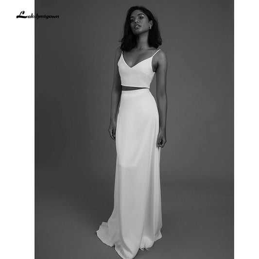 NumberSea - NumberSea 2022 Simple Two Piece Wedding Dresses Beach Bridal Dresses Floor Length Satin Outfit Reception Gowns Spaghetti Straps