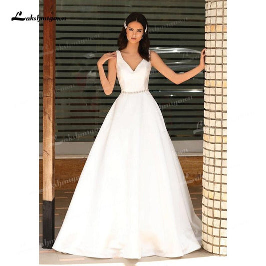 NumberSea - NumberSea 2024 A - Line Soft Satin Wedding Dresses Beaded Sashes V - Neck Simple Sleeveless Backless Floor - Length Bridal Gown Off The Shoulder